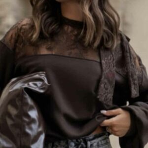 BLUZA Z KORONKOWĄ WSTAWKĄ CZEKOLADA