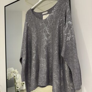 SWETER Z OZDOBNYM POŁYSKIEM SZARO - SREBNY