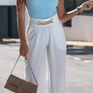 BIAŁE LETNIE SPODNIE Z OZDOBNYM ŁAŃCUCHEM
