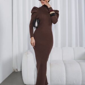 SUKIENKA DŁUGA BUFIASTE RAMIONA CZEKOLADA