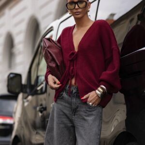 SWETER Z WIĄZANIEM Z PRZODU BORDO