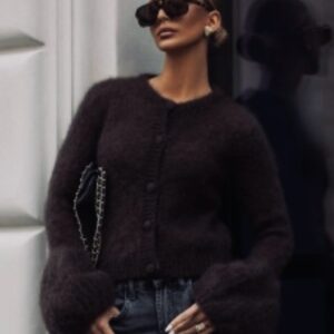 SWETER MOHEROWY PREMIUM NA GUZIKI DZWONEK RĘKAW YARN CIEMNY BRĄZ