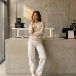 SWETER BASIC W PASKI RÓŻOWO-NIEBIESKI