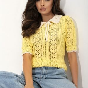 SWETER AŻUROWY Z KOŁNIERZYKIEM ŻÓŁTY