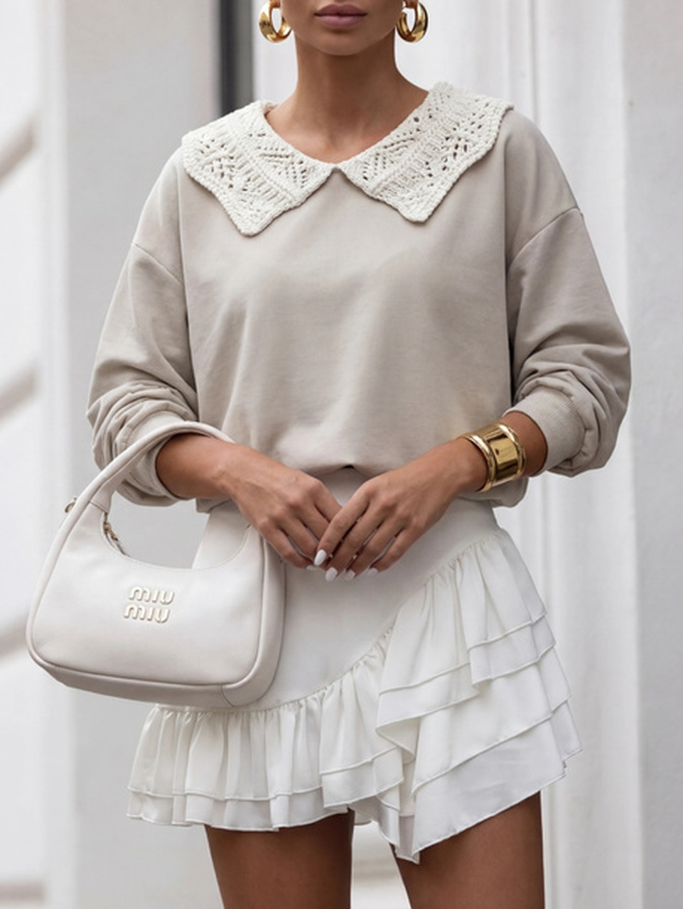 BLUZA Z KOŁNIERZEM AŻUROWYM ZIMNY BEŻ