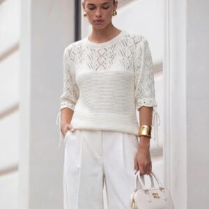 SWETER AŻUROWY RĘKAW 3/4 ŻÓŁTY ECRU