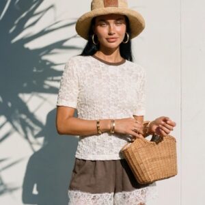 BLUZKA DELIKATNA KORONKA KREM LAMÓWKA BRĄZ