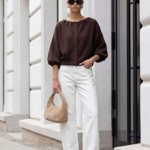 BOLERKO ZAPINANE NA ZŁOTE NAPY CZEKOLADA RĘKAW 3/4