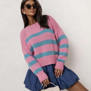 SWETER W PASY OVERSIZE RÓŻOWO-NIEBIESKI