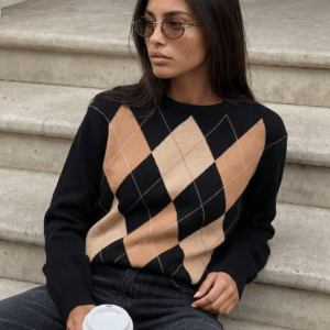 SWETER ROMBY CZARNO-CAMELOWO-BEŻOWY