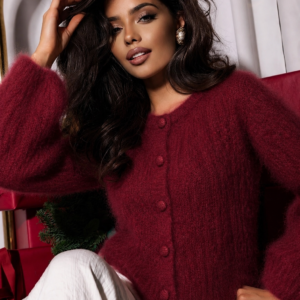 SWETER MOHEROWY PREMIUM NA GUZIKI DZWONEK RĘKAW YARN BORDO