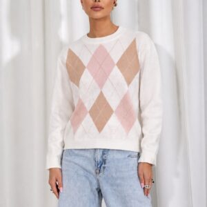 SWETER W ROMBY DŁUGI RĘKAW BIAŁY