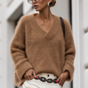 SWETER MOHEROWY PREMIUM YARN DEKOLT W SZPIC KAMEL