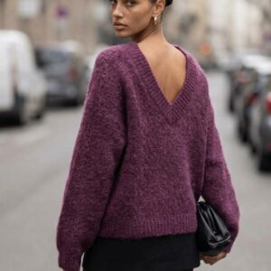SWETER MOHEROWY PREMIUM YARN DEKOLT PRZÓD I TYŁ ŚLIWKA