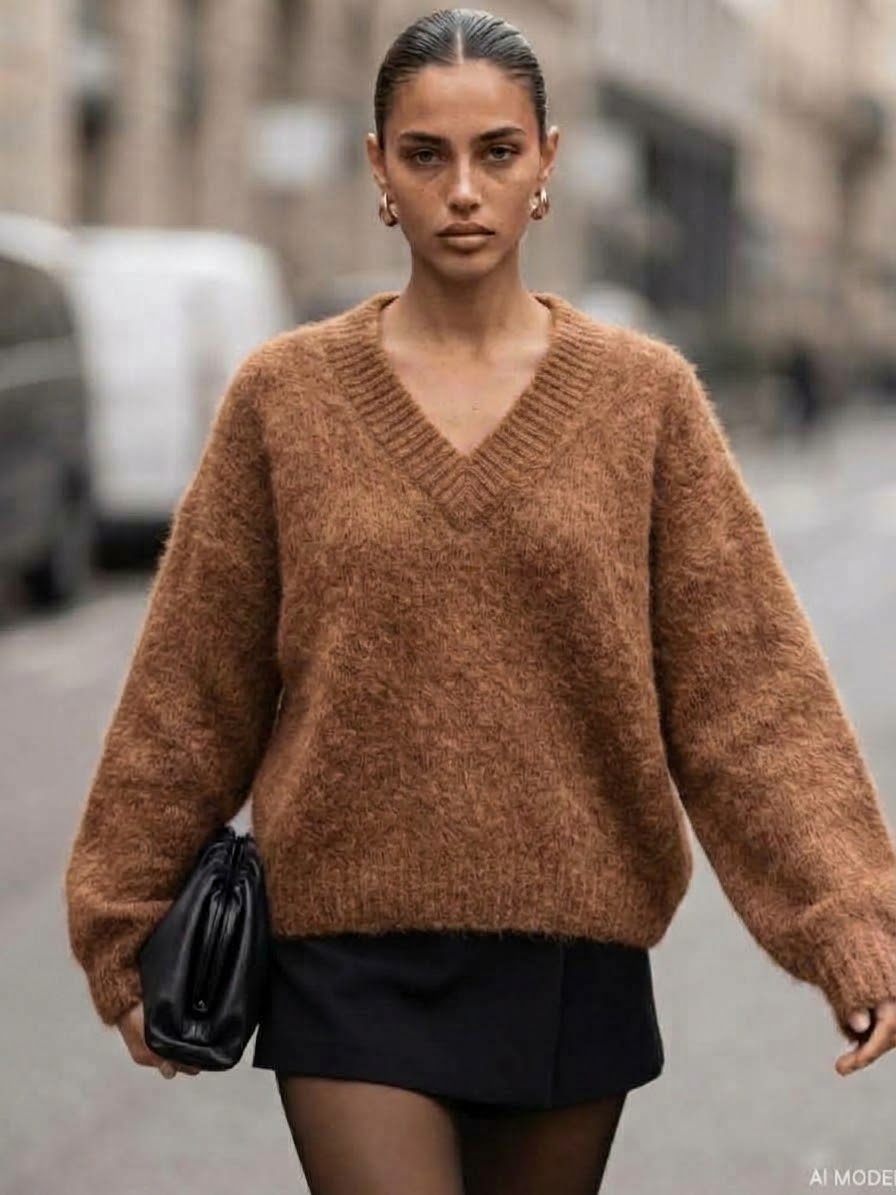 SWETER MOHEROWY PREMIUM YARN DEKOLT PRZÓD I TYŁ CAMEL - obrazek 2