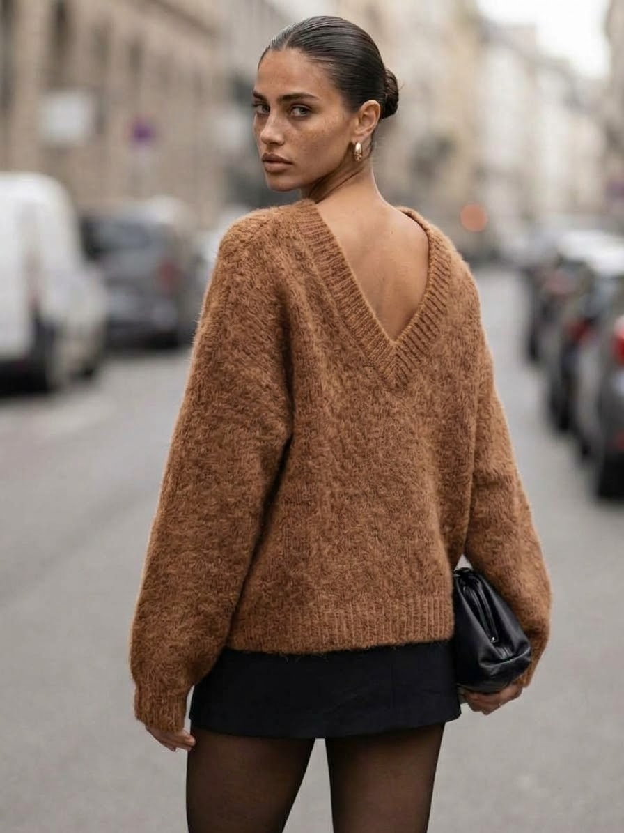 SWETER MOHEROWY PREMIUM YARN DEKOLT PRZÓD I TYŁ CAMEL