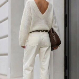 SWETER MOHEROWY PREMIUM YARN DEKOLT PRZÓD I TYŁ ECRU